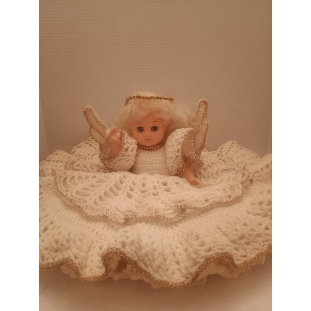 VTG Crochet Bed Pillow Doll Christmas Angel Moveable Eyes & Arms.